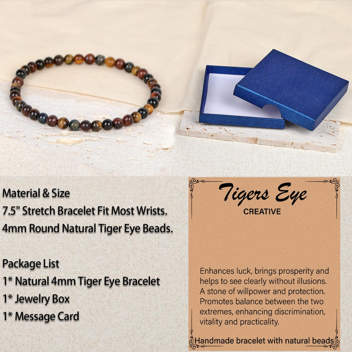 LPBeads Handmade Natural Gemstone Stretch Elastic 4mm Multicolor Tiger's Eye Bracelet Healing Crystal Round Stone Beads Jewelry Gifts for Women Men