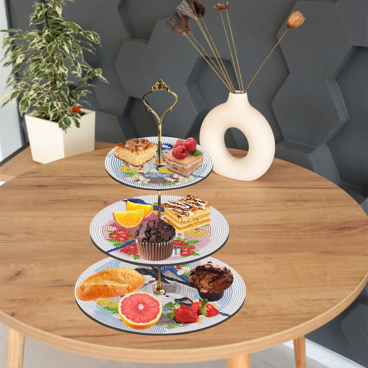 Three-Tier Diamond Painting Wooden Cake Stand DIY Sunflower Diamond Painting Cupcake Towel-Lined Tiered Tray Reusable Pastry Stand (Little Bird)