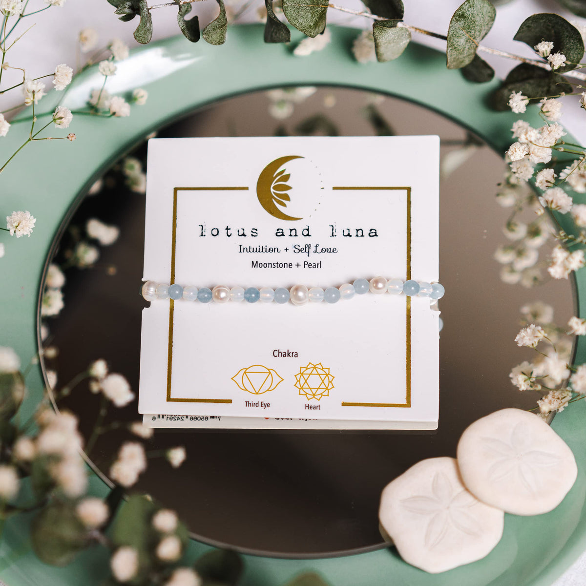 Lotus and Luna 4MM Energy Chakra Healing Bracelet with Real Stones Jade, Pearl, Rose Quartz, Amethyst, Moonstone (Intuition + Self Love)