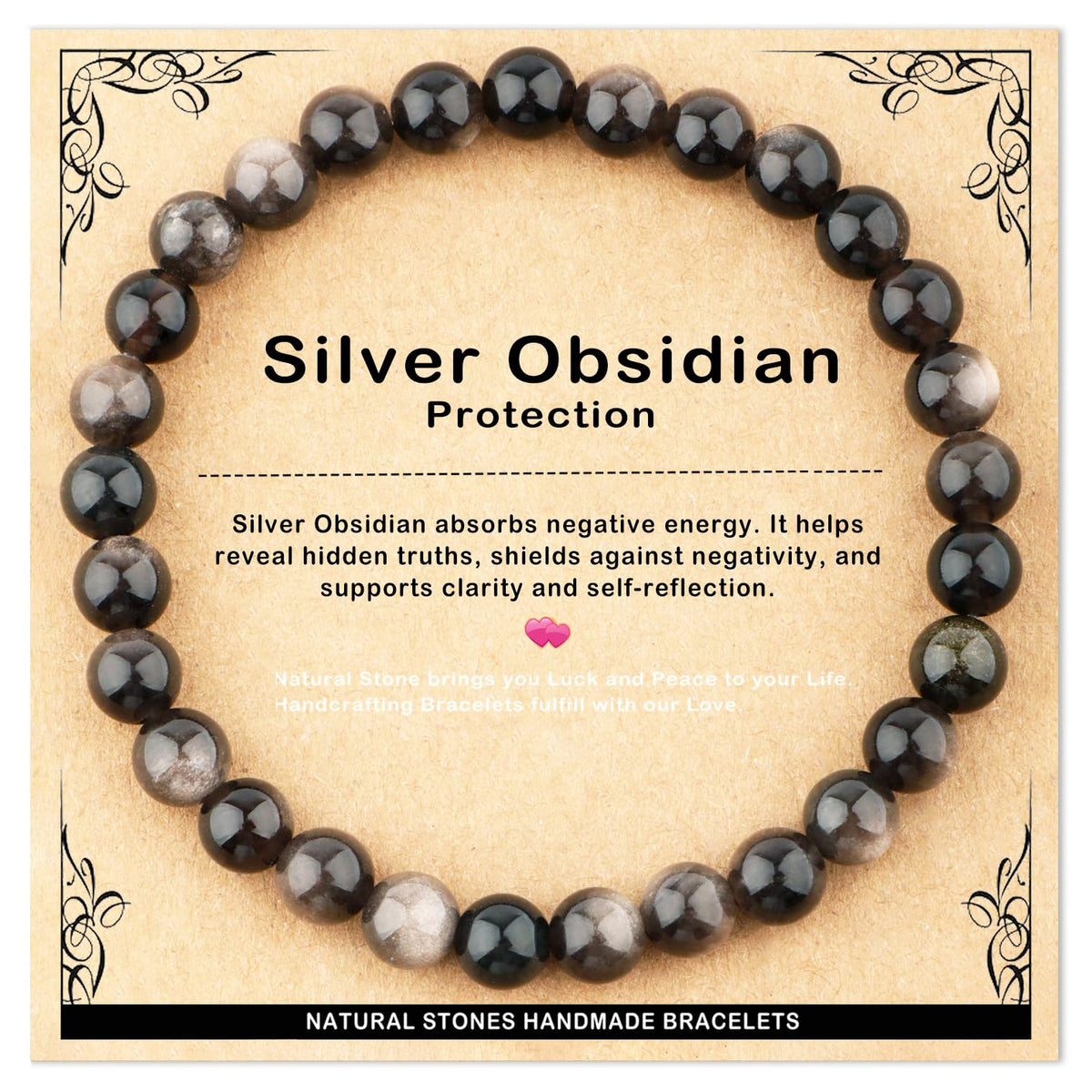 AD Beads 6mm Handmade Silver Obsidian Elastic Bracelet – Natural Gemstone for Protection – Meditation, Yoga, Healing and Energy Gift for Men Women