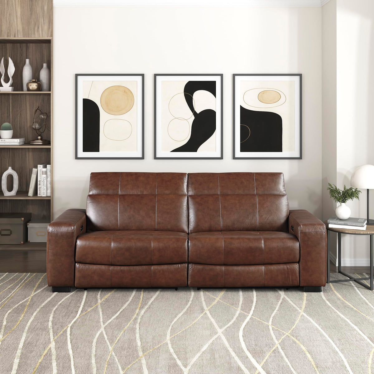 Lexicon Sectional Couches for Living Room-Modular Sectional Sofa, Power Double Reclining Loveseat, Power Headrests, Charging Ports, 2 Seater Recliner Couch, Top Grain Leather Brown