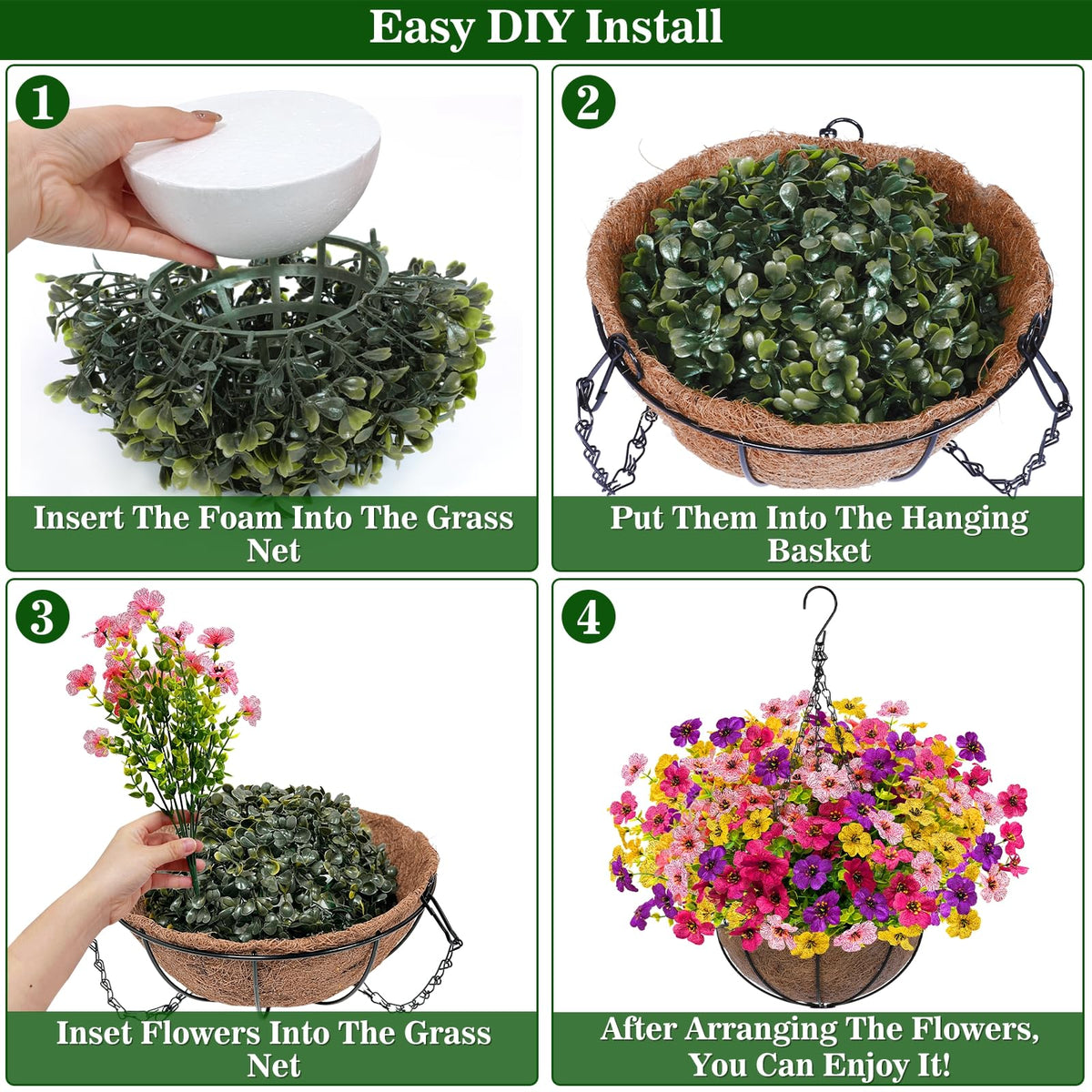 Grandeal 2 Sets Artificial Hanging Plants Flowers Basket Outdoor, Fake Hanging Plants 24 Pcs Flowers for Porch Patio Garden Home Decor for Spring Summer (Red, Purple, Yellow, Rose Red)