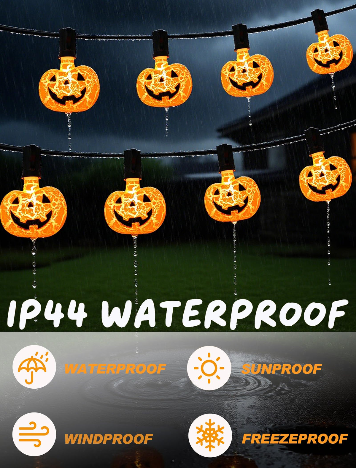 Unleash a Haunting Glow: 10.5ft Plug-in Halloween Pumpkin String Lights, Connectable (Up to 72 Strands), Waterproof Jack o Lantern Lights for Outdoor/Indoor, Heavy-Duty Orange Holiday Lights for Porch