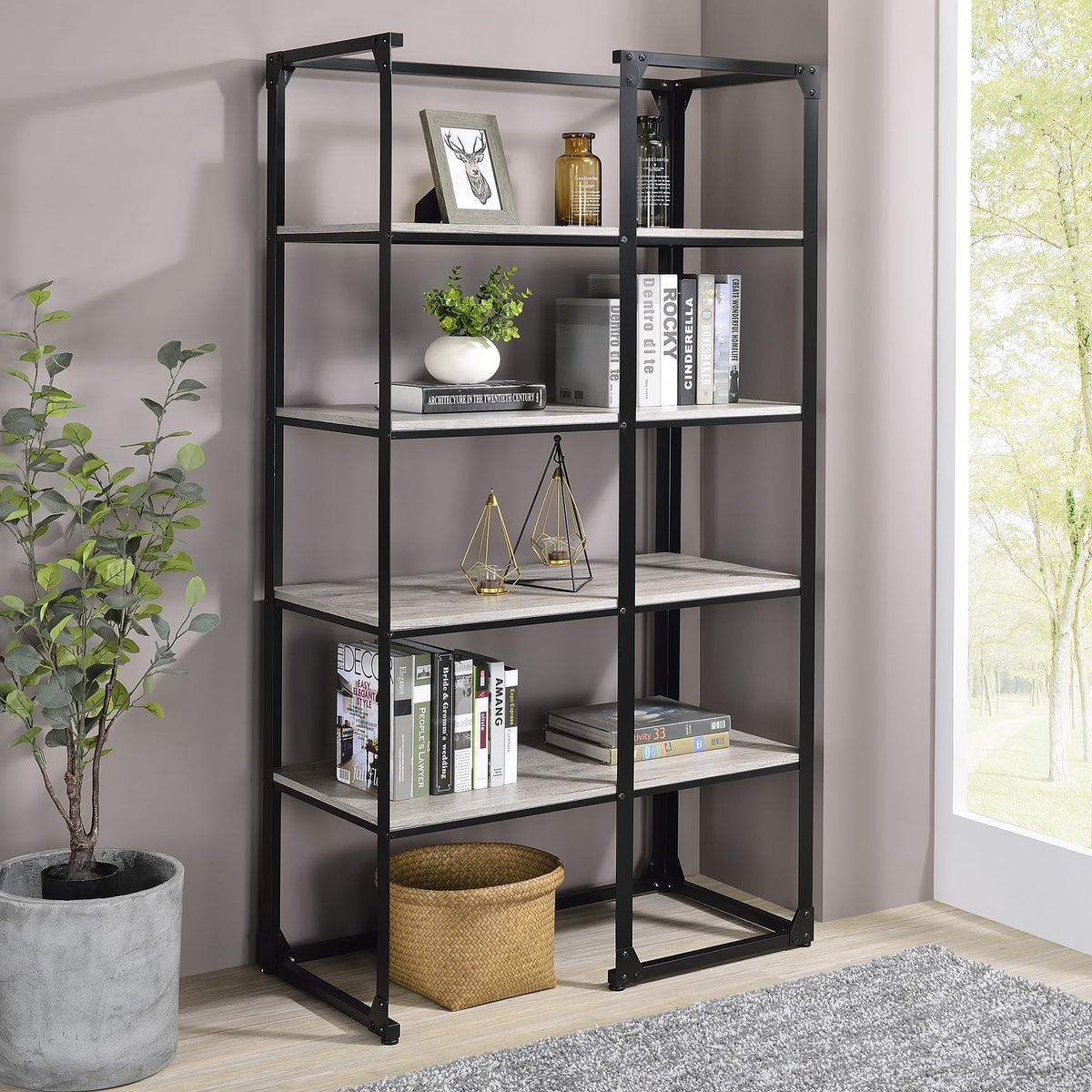 24/7 Shop at Home Adair Industrial Metal Open Back Bookcase with 4 Shelves for Living Room, Home Office, Bedroom, Black and Light Gray