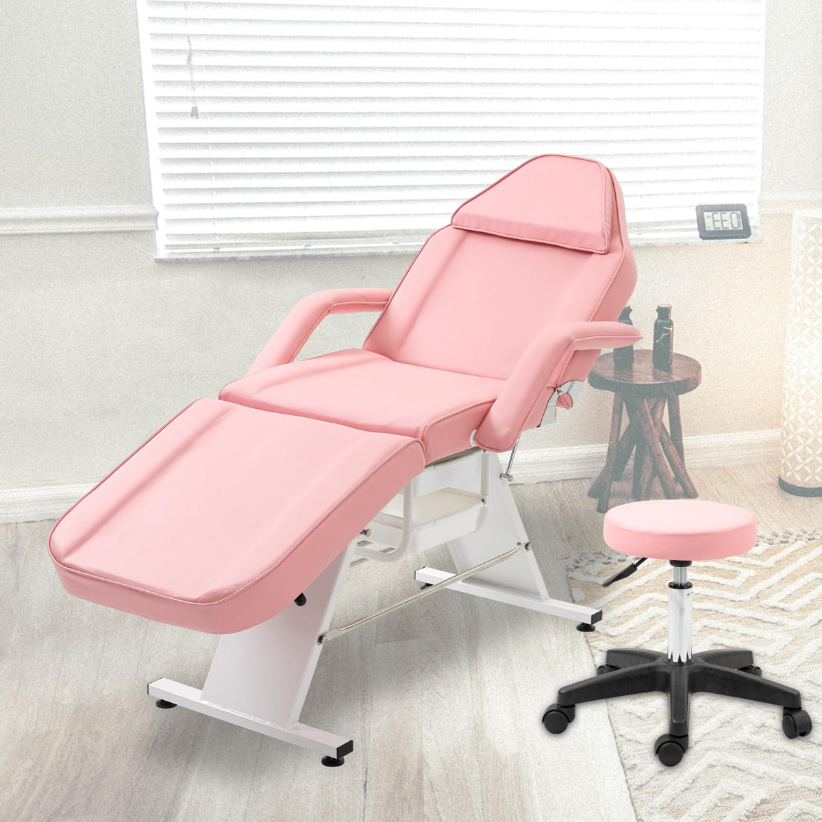 Massage Salon Tattoo Chair with Two Trays Esthetician Bed with Hydraulic Stool,Multi Purpose 3 Section Facial Bed Table, Adjustable Beauty Barber Spa Beauty Equipment, Pink