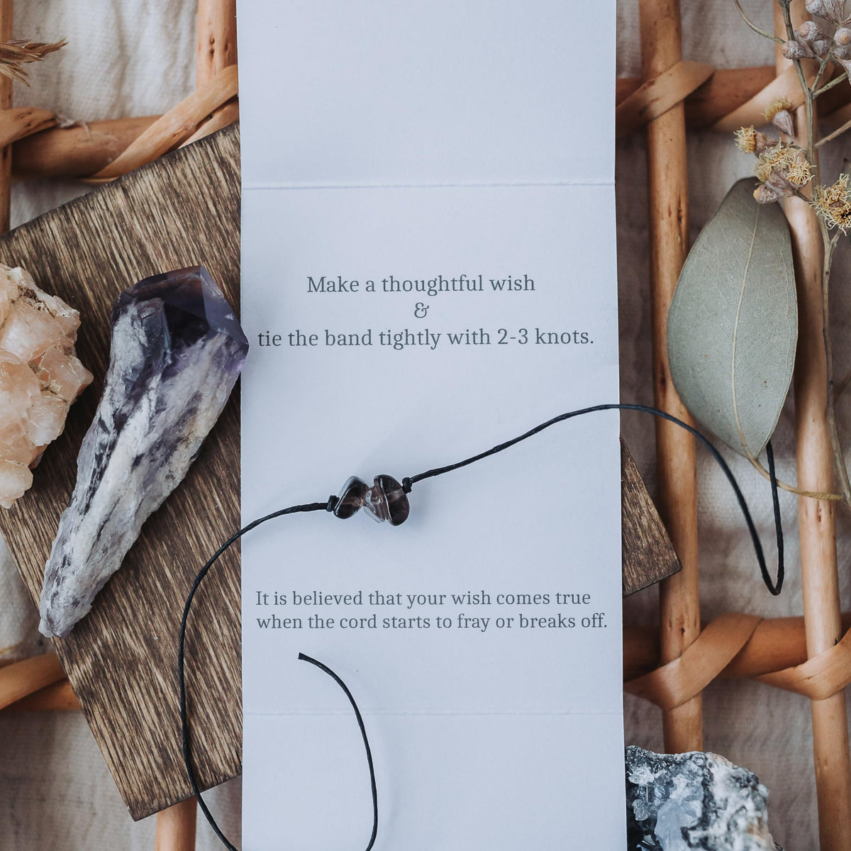 The Blue Yogi Healing band -2 in 1 protection Bracelet/Anklet with an affirmation- Tie Closure (Smoky Quartz)