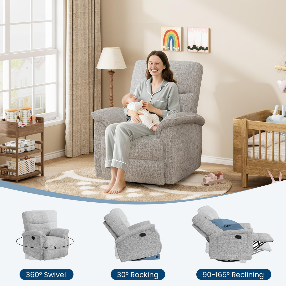 GarveeHome Recliner Chair, 360° Swivel Rocker Glider Nursery Chair with Padded Armrest and Deep Seat, PU Leather Upholstered Reclining Sofa Chair for Living Room, Bedroom and Nursery (Light Gray)