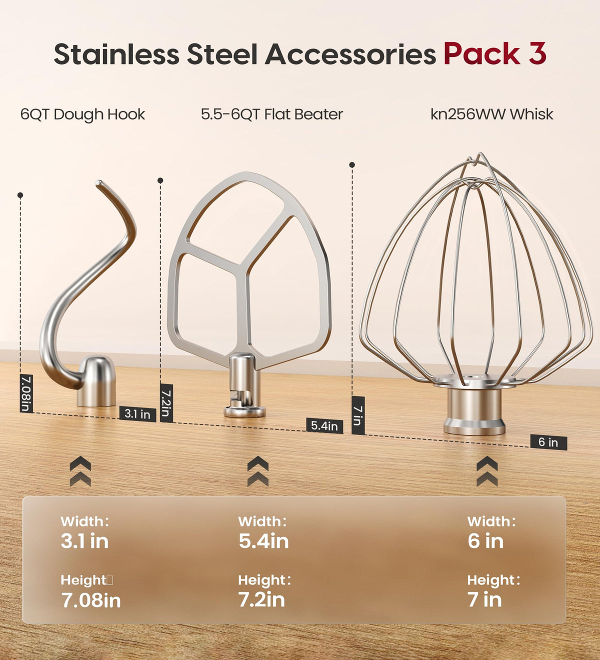 Stainless Steel Accessories 3 Piece Kit for KitchenAid 5.5 and 6 Quart Lift-Up Stand Mixers, Includes 5.5-6QT Flat Beater, Dough Hook, KN256WW 6-Wire Whisk for Kitchen Aid Attachments & 6 Qt Bowl