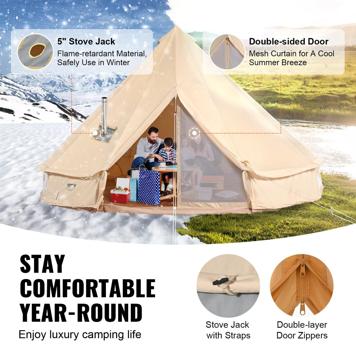 VEVOR Canvas Bell Tent, 4 Seasons 6 m/19.68 ft, Canvas for Camping with Stove Jack, Breathable Holds up to 10 People, Family Camping Outdoor Hunting Party