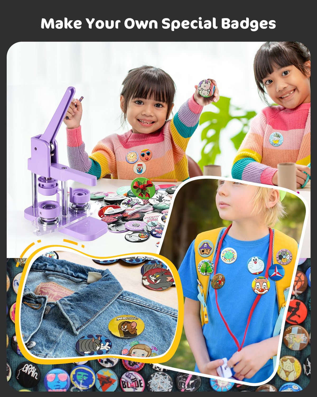 Alldeer Button-Maker-Machine Kit 32mm /1.25 inch, Button Press Machine 32mm, Easy-to-use Rotate Models, Pin Maker Kit with 100 Sets Plastic Supplies, DIY Small Badges, Starting Creative Project