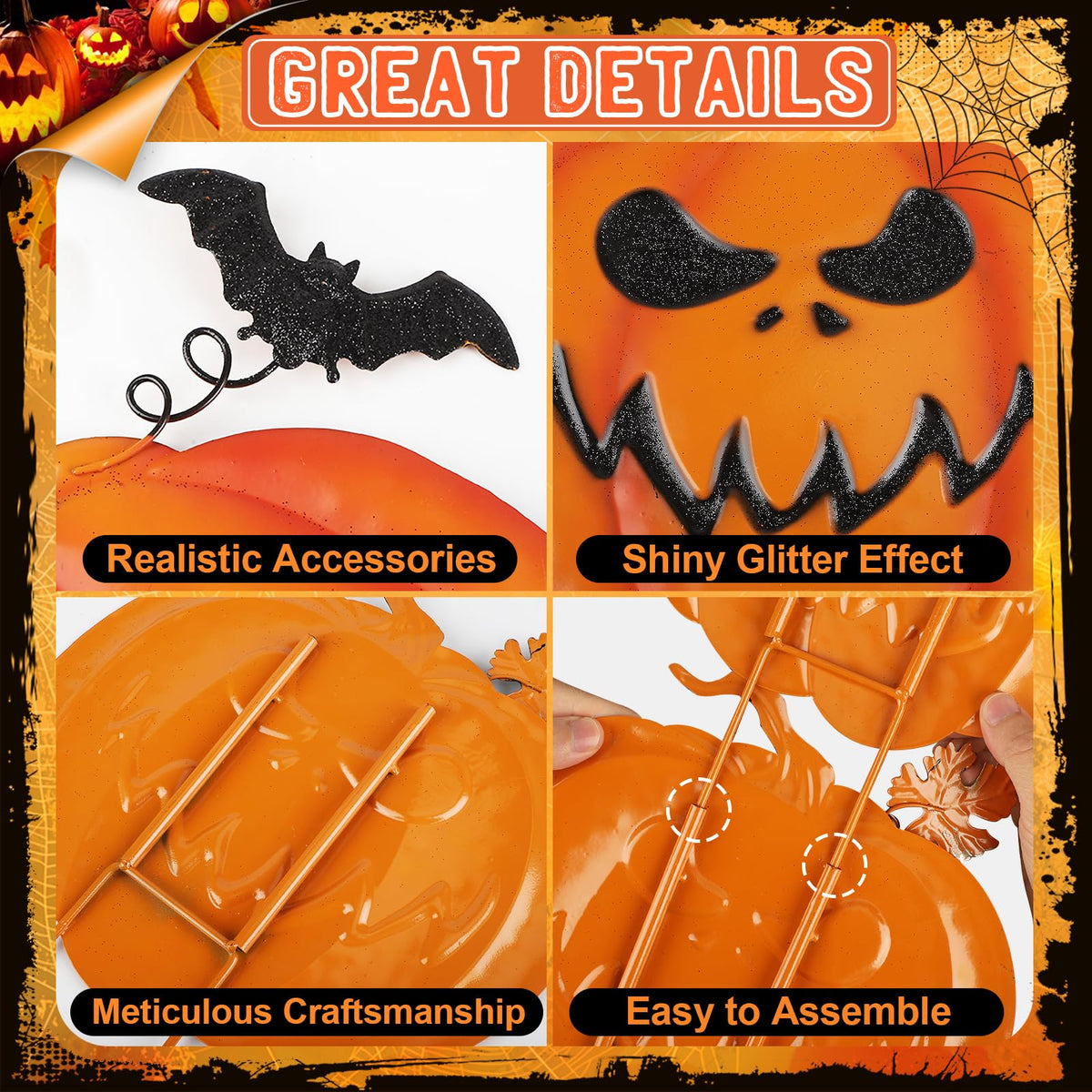 Halloween Garden Stakes, Stacked Metal Pumpkins Jack-o-Lantern Lawn Decor with Witch Hat, Shimmering Halloween Yard Signs Stake Decorative Pumpkin Stake for Outdoor Patio Pathway Home Decorations (A)