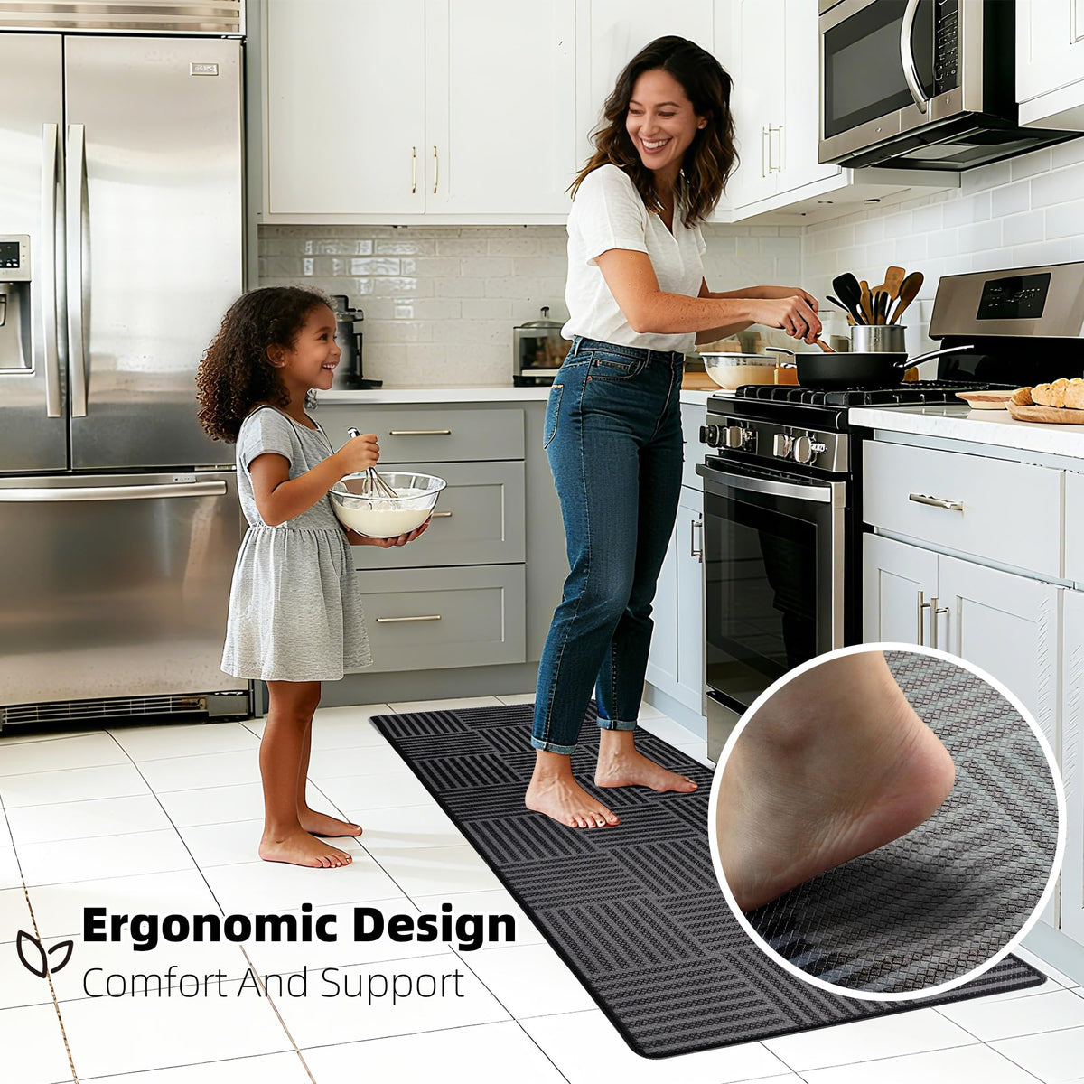 Kitchen Mats For Floor 2 Piece Cushioned Anti Fatigue Kitchen Plaid Rugs Set Non Slip Waterproof Comfort Foam Standing For Laundry,Desk,Office,Bathroom,Apartment Decor,17.3"X29"+17.3"X47",Black
