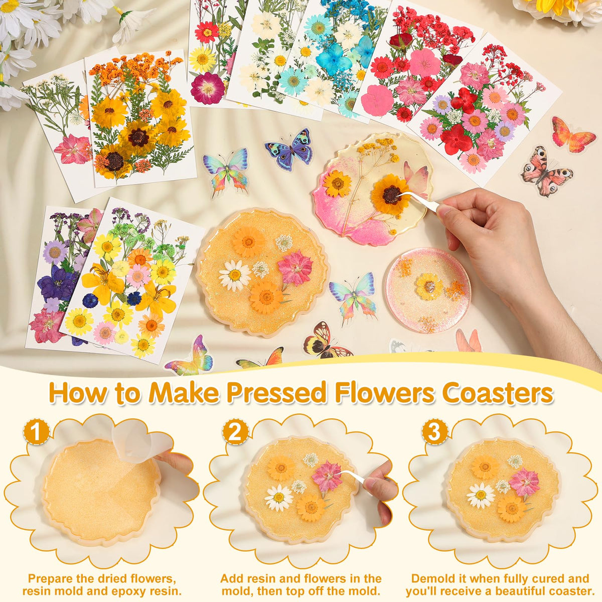 235 Pcs Pressed Dried Flowers for Resin, Natural Real Dried Pressed Flowers for Crafts, Bulk Dry Flowers for Resin Molds, Candles, DIY Art Jewelry Making with Tweezers Butterfly Stickers Set Decorate