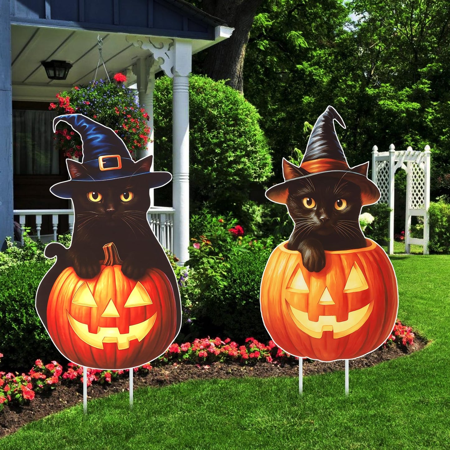Large Outdoor Halloween Yard Signs, 2 PCS 31 inch Pumpkin Black Cat Halloween Yard Stakes Kids Friendly for Lawn Garden Home Decor Outside Party Supplies