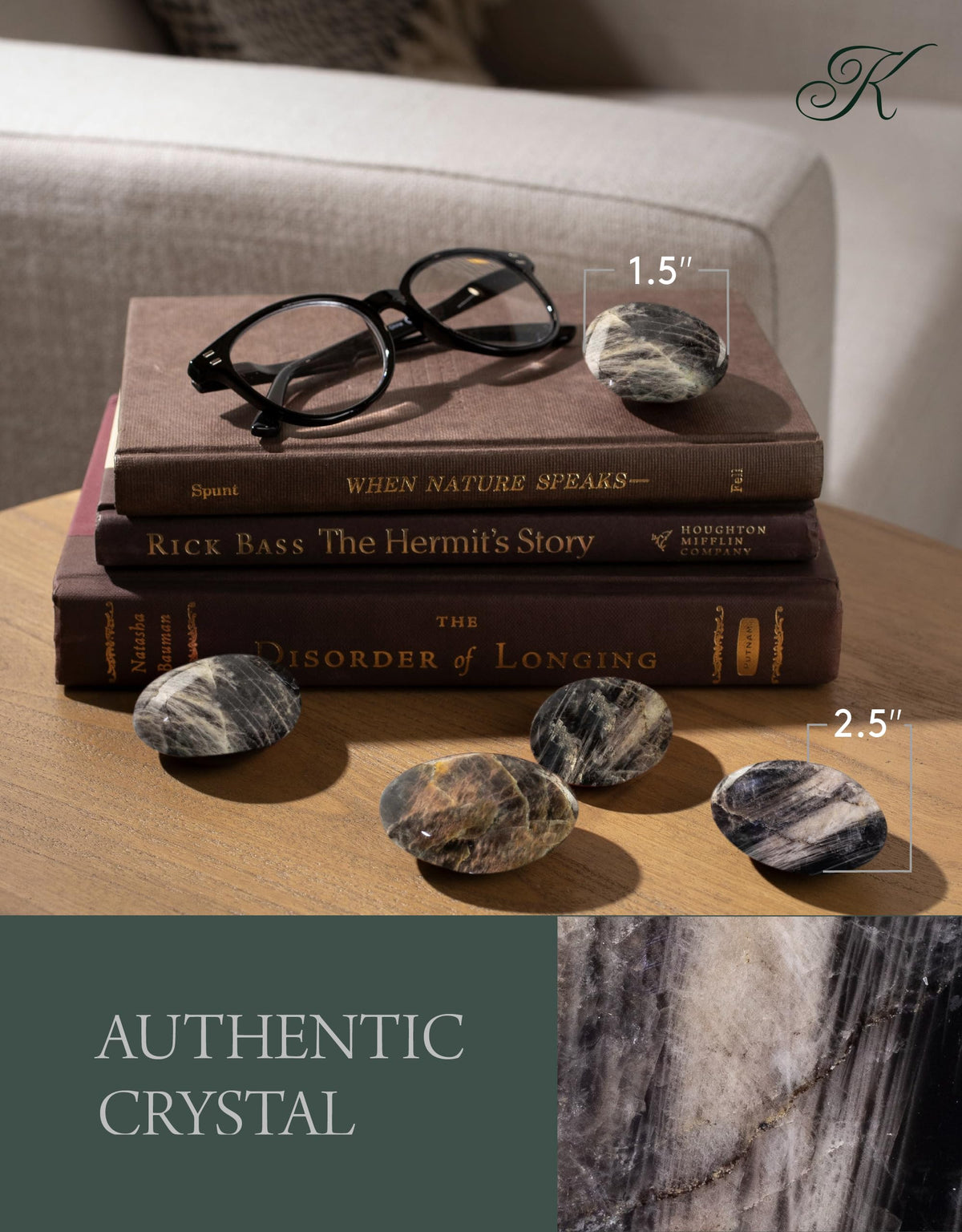KALIFANO Palm Stone with Healing & Calming Effects - AAA+ Grade High Energy Worry Stone with Information Card - Reiki Crystal Used for Courage (Family Owned and Operated) (Black Moonstone)