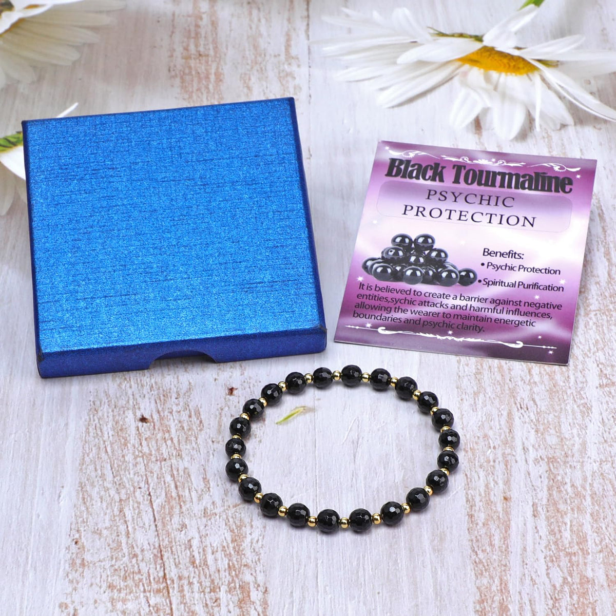 QOGIR Black Tourmaline - Psychic Protection - 14K Gold Plated Beads Natural Gemstone Stretch Elastic Dainty Healing Beaded Bracelets Gifts 6mm