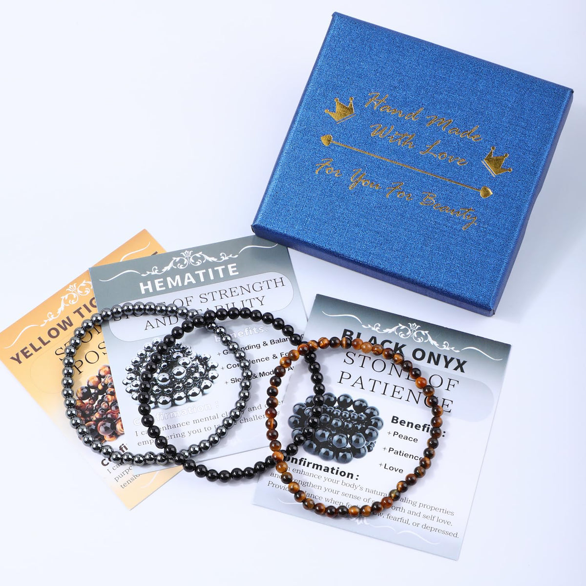 NCB 3-Piece 4mm Natural Crystal Gemstone Stretch Bracelets – ﻿Black Onyx, Hematite, Yellow Tiger's Eye Handmade Reiki Energy Healing Jewelry for Meditation,Yoga, Unisex