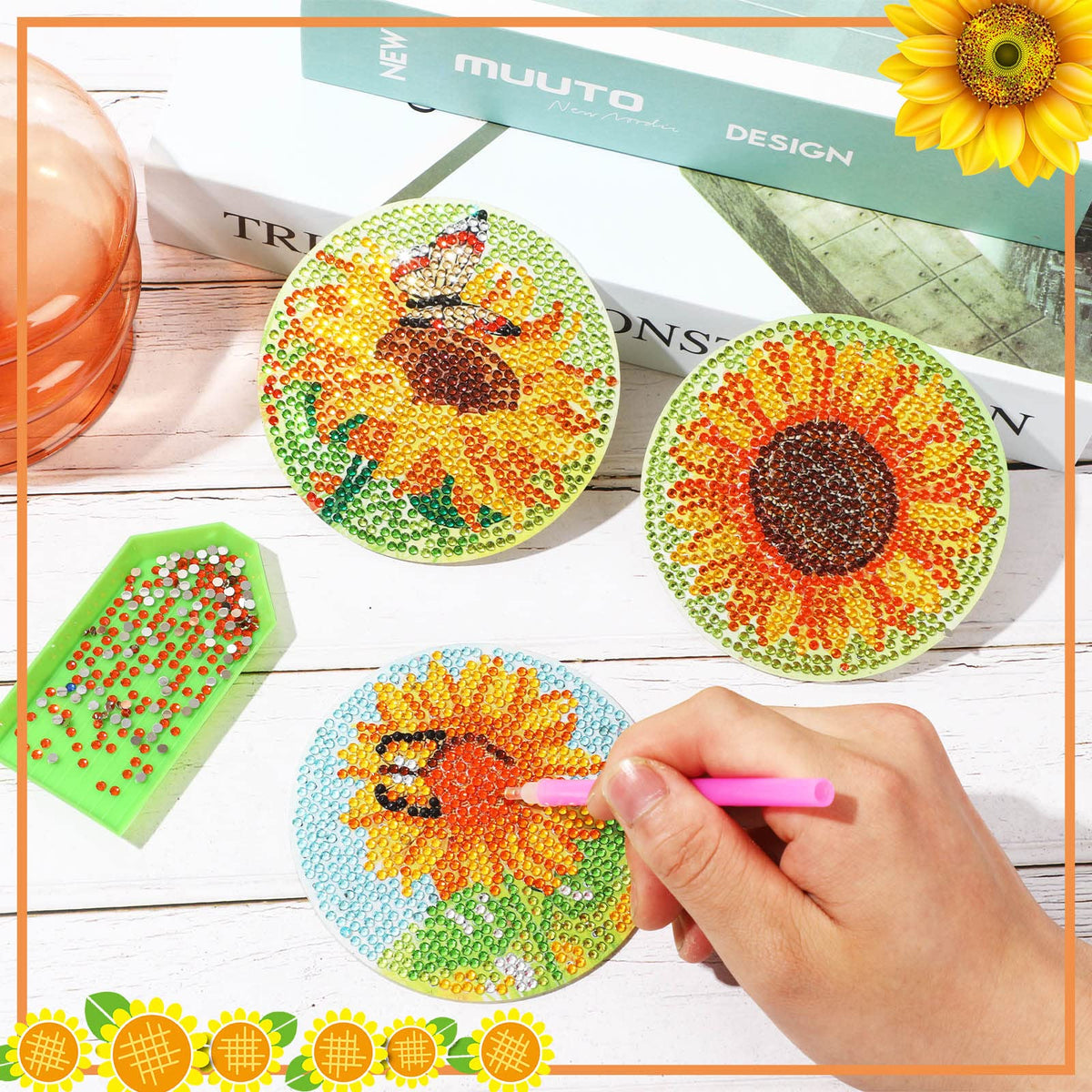 UPINS 8Pcs Sunflower Diamond Art Painting Coasters for Drinks DIY Coaster Diamond Art Kits for Adults Diamond Art Craft Supplies (Sunflower)