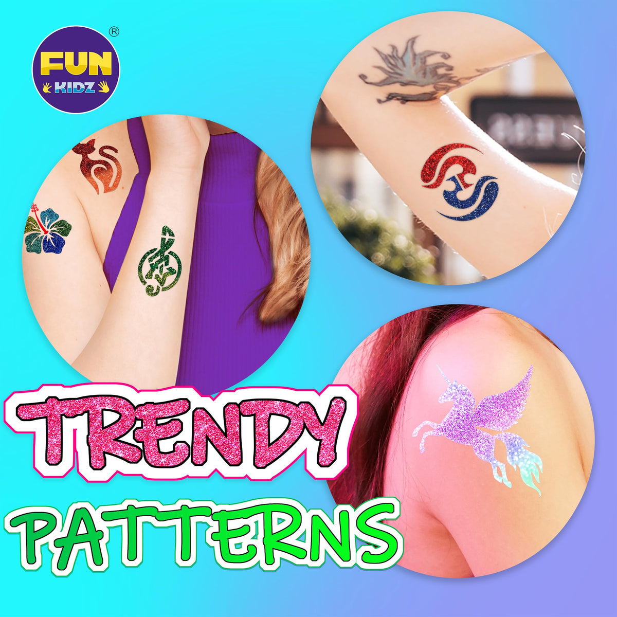 Tattoo Kit for Kids Ages 8-12, FunKidz 6 Double Tips Sparkle Brush Body Art Markers for Skin Plus Temporary Glitter Tattoo Kits With 106 Cute Tattoo Stencils Tattoo Glues Cool Presents for Tween Girls