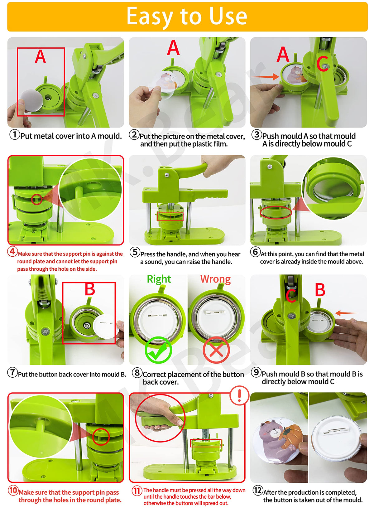 MK.Bear Button Maker Machine - Multiple Sizes 1.25in+2.25in, Kit for DIY Gifts, Button Press Machine with Free 200PCS 32-58mm Supplies & 2 Circle Cutter
