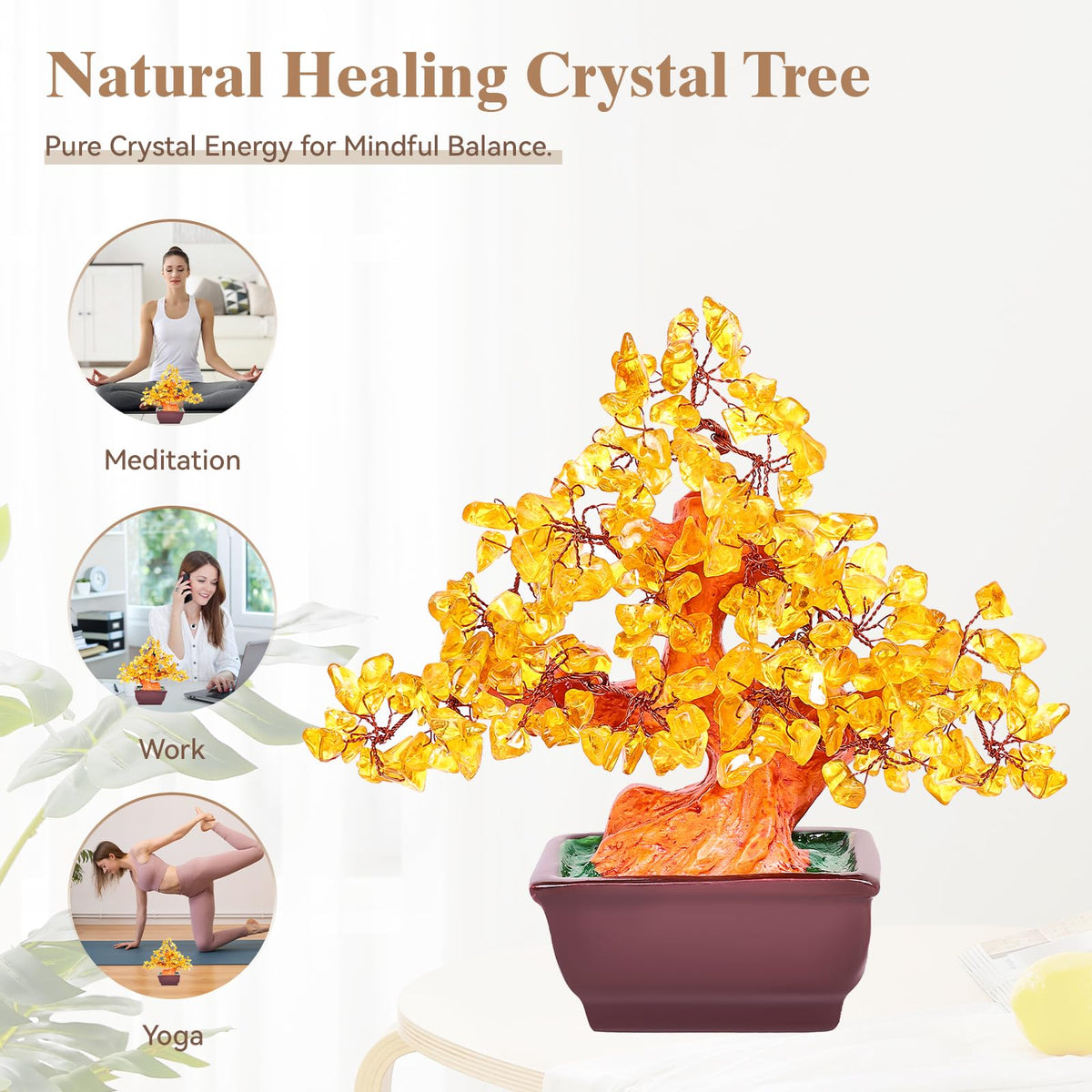 AzureLeap Feng Shui Quartz Crystal Money Tree Bonsai Style Decoration for Luck and Wealth (Yellow)