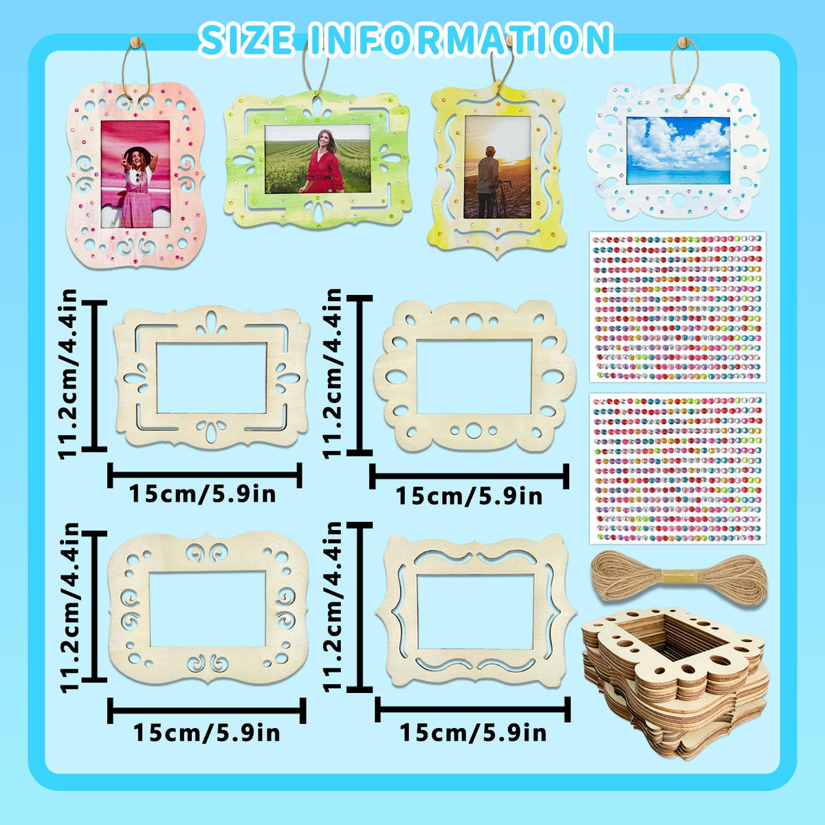 KitsyKraft DIY Wooden Photo Frame Craft Kit - 24 Pcs Unfinished Frames, 2 Rhinestone Sheets & 10m Twine for Personalized Home Decor