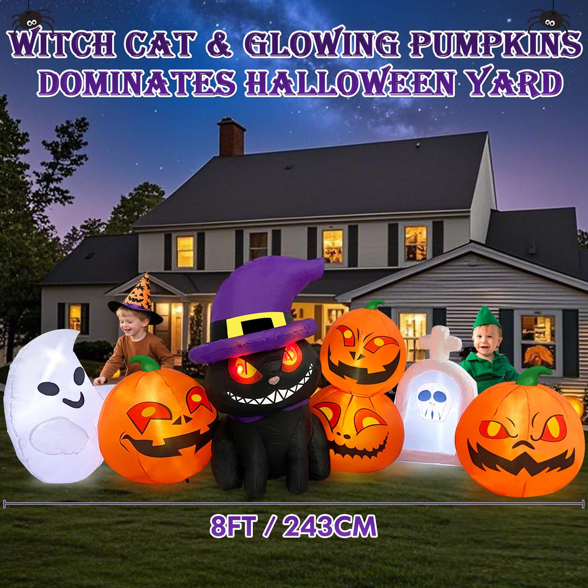 MICOCAH Halloween Inflatables Outdoor Decorations 8 FT Long Funny Pumpkin Black Cat Blow Up Lanterns Built-in LED Lights with Ghost Tombstone Scary Yard Decoration for Holiday Party Outside Lawn