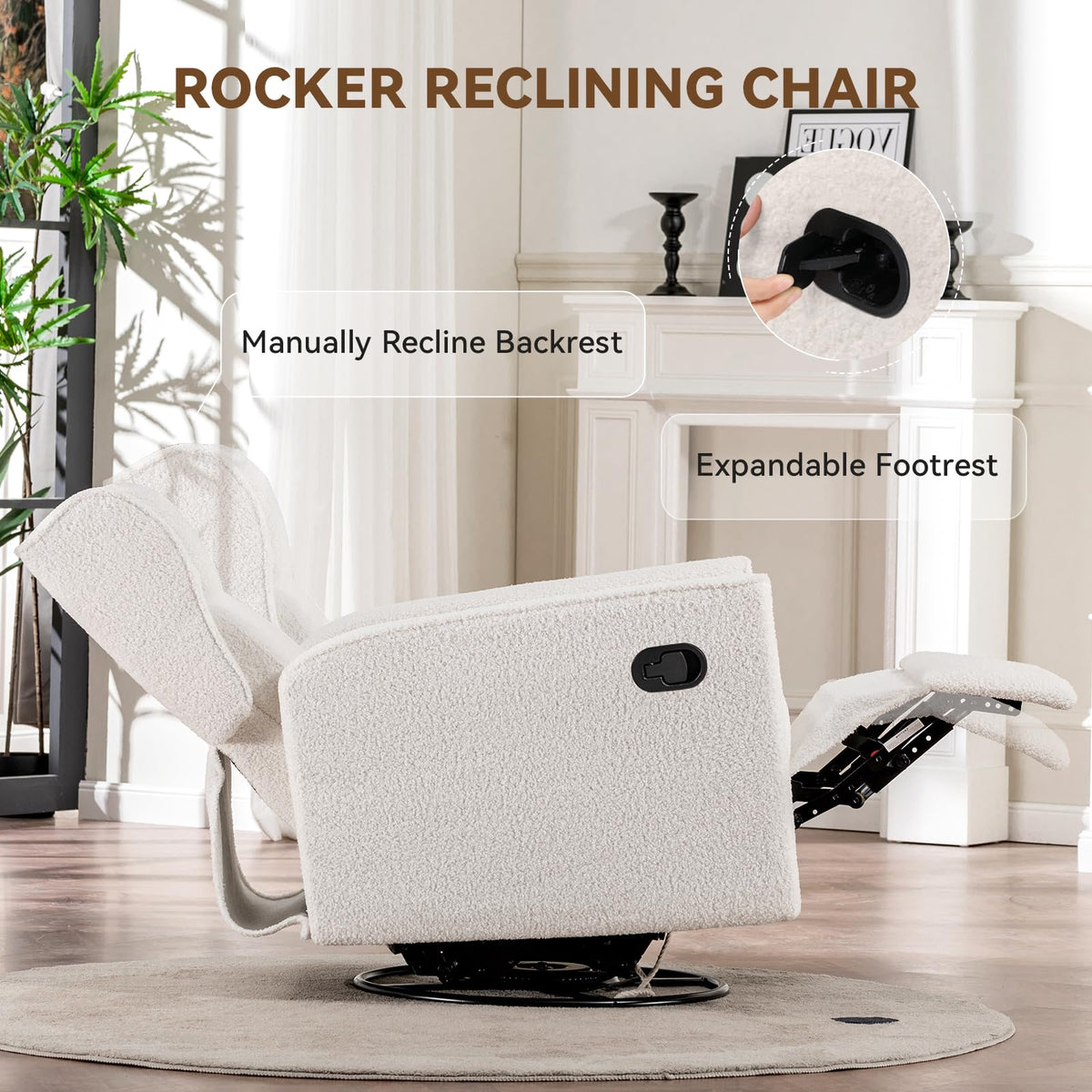 COMHOMA Nursery Rocking Chair Teddy Upholstered Swivel Rocker Recliner Manual Glider Reclining Chair for Living Room Bedroom Offices (Beige,1 PCS)