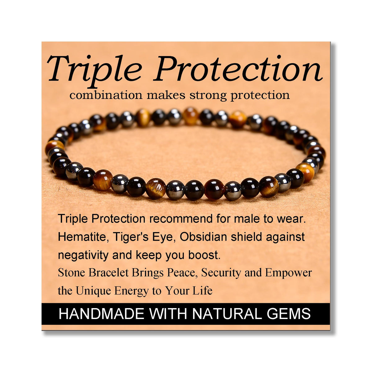 MASSIVE BEADS Triple Protection - Stone of Strong Protect - Handmade Yoga Stretch Elastic Bracelet Natural Stone Crystal Healing Power Energy Gifts for Unisex Adult 4mm