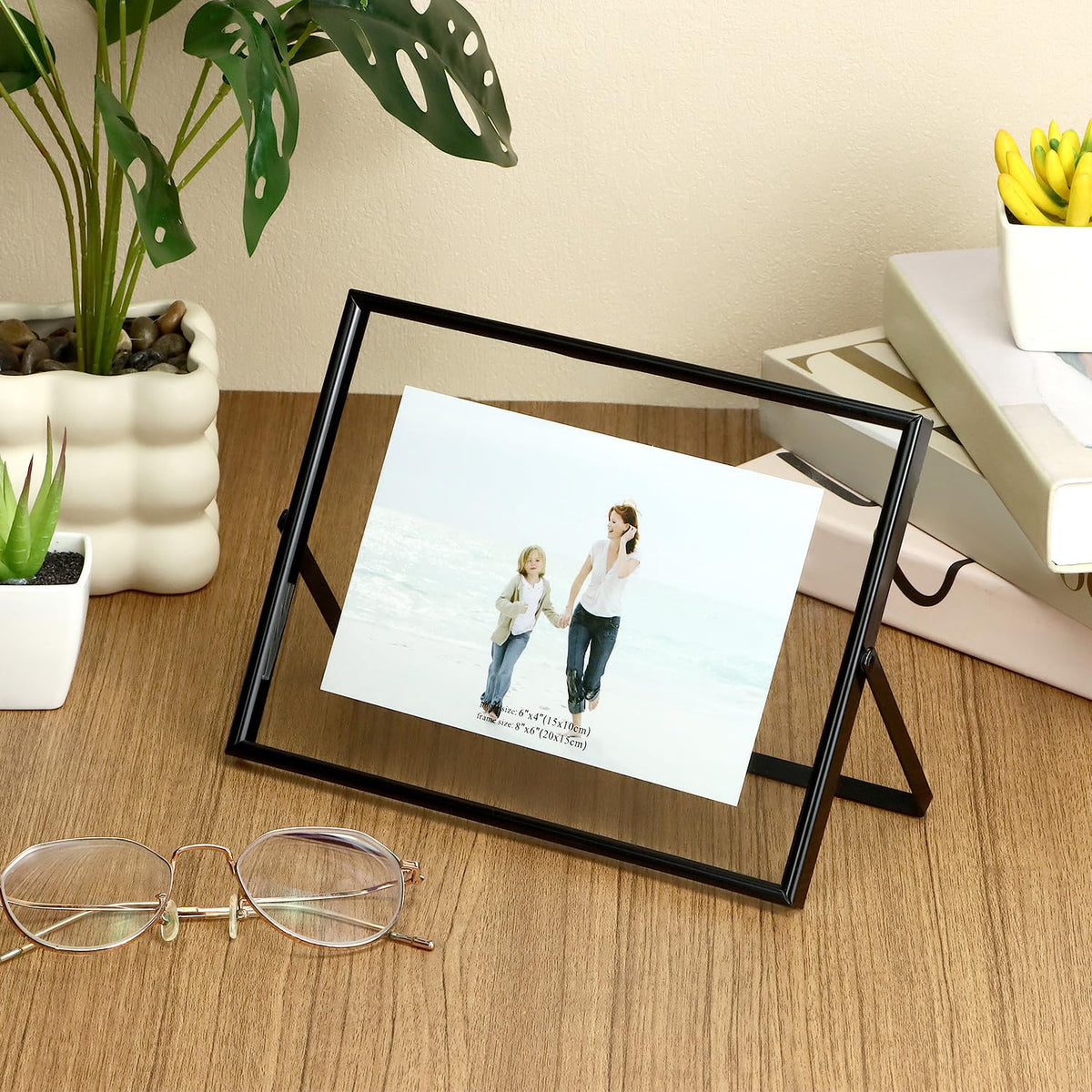 QWORK 6x8 Inch Black Floating Picture Frame Horizontal, Fits 5x7 4x6 3x5 Photos, Glass Double Panel Metal Frame for Tabletop Display