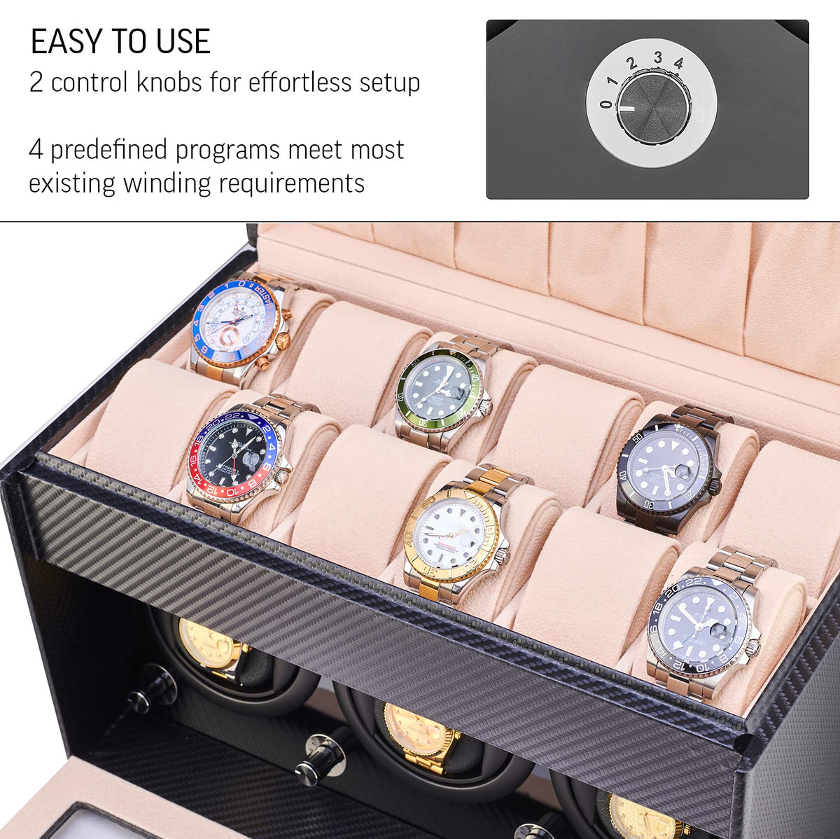 Watch Winder and Storage box for winding 3 Automatic Watches and 12 Watch Storage Space (Black)