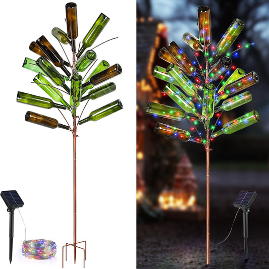 Meonum Solar Light Bottle Tree, 61" Metal Garden Sculpture for Yard & Patio Decor, Colorful Outdoor Wine Holder for Garden & Lawn Decoration, Holds 24 Glass Containers(Bronze)