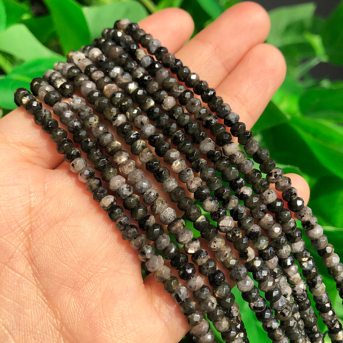 2 String 220PCS 3x5mm Natural Black Color Speckled Beads for Jewelry Making, Songxi Facted Loose Gemstone Beads for DIY Bracelet Necklace Making Supplies with Energy Healing Chakra Power