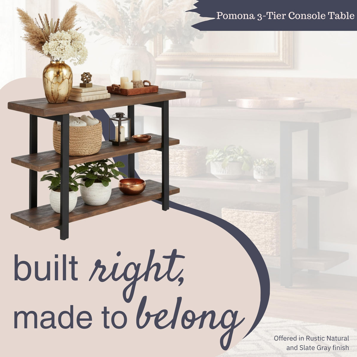 Alaterre Furniture Pomona 3-Tier Solid Wood Media Console Table with 2 Open Shelves and Metal Legs - Rustic Industrial Farmhouse TV Stand and Storage Console (Rustic Brown)