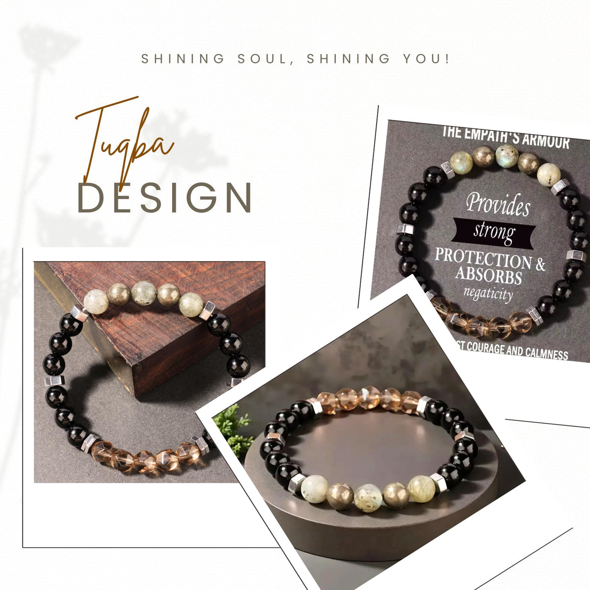 TUQBA Manifestation and Protection Beaded Crystal Bracelet for Men and Women Natural Stone Jewelry with Onyx, Smoky Quartz, Pyrite, Labradorite Mothers Days Gift, Christmas, Baptism, Birthday