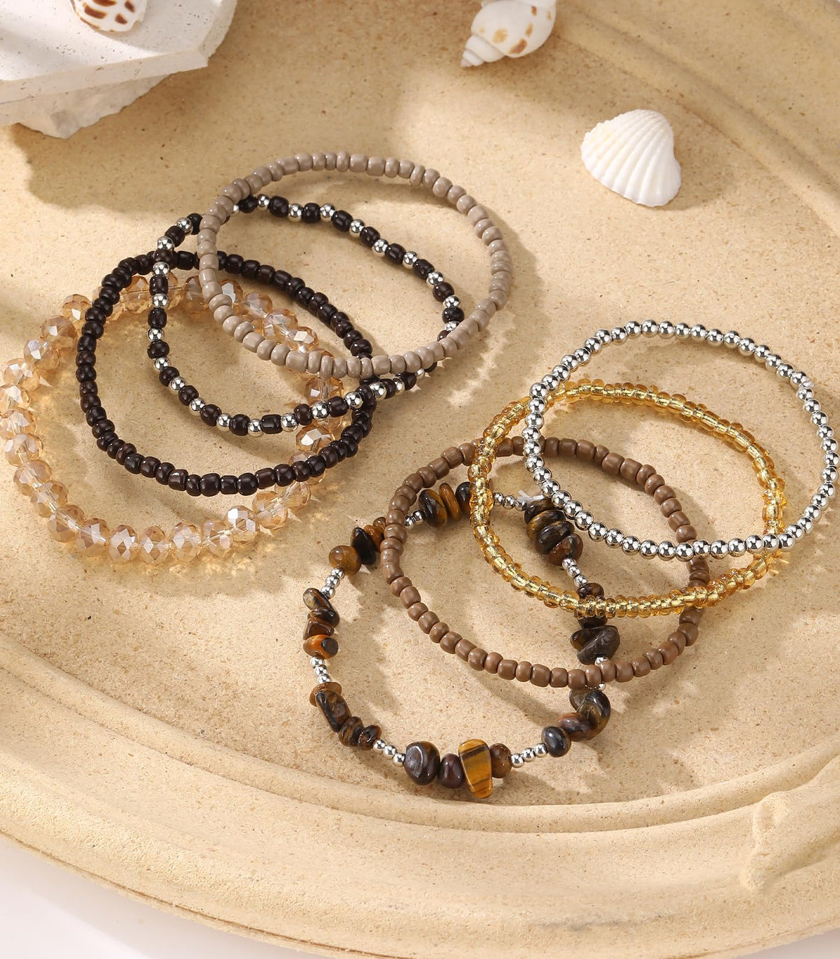Noessla Boho Beaded Bracelets for Women Stackable Irregular Natural Stone Bead Stretch Bracelet Set 8PCS Costume Jewelry Gifts for Her(Brown)