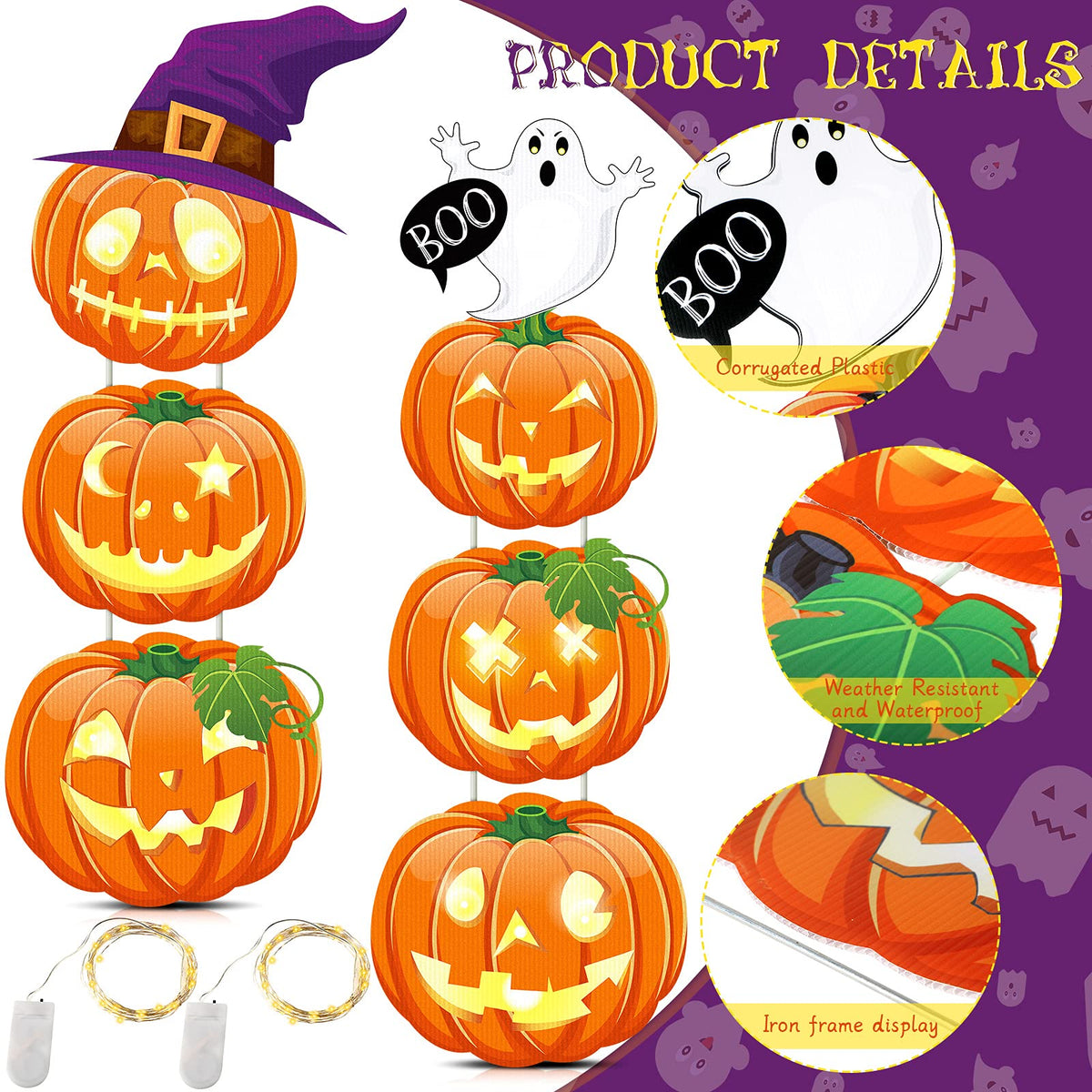 Jetec 2 Pcs 44 Inch Outdoor Halloween Decorations Light up Pumpkin Yard Stakes Plastic Stacked Pumpkin Witches Hat Boo Ghost Stake Sign with LED String Lights for Outside Home Lawn Pathway Party