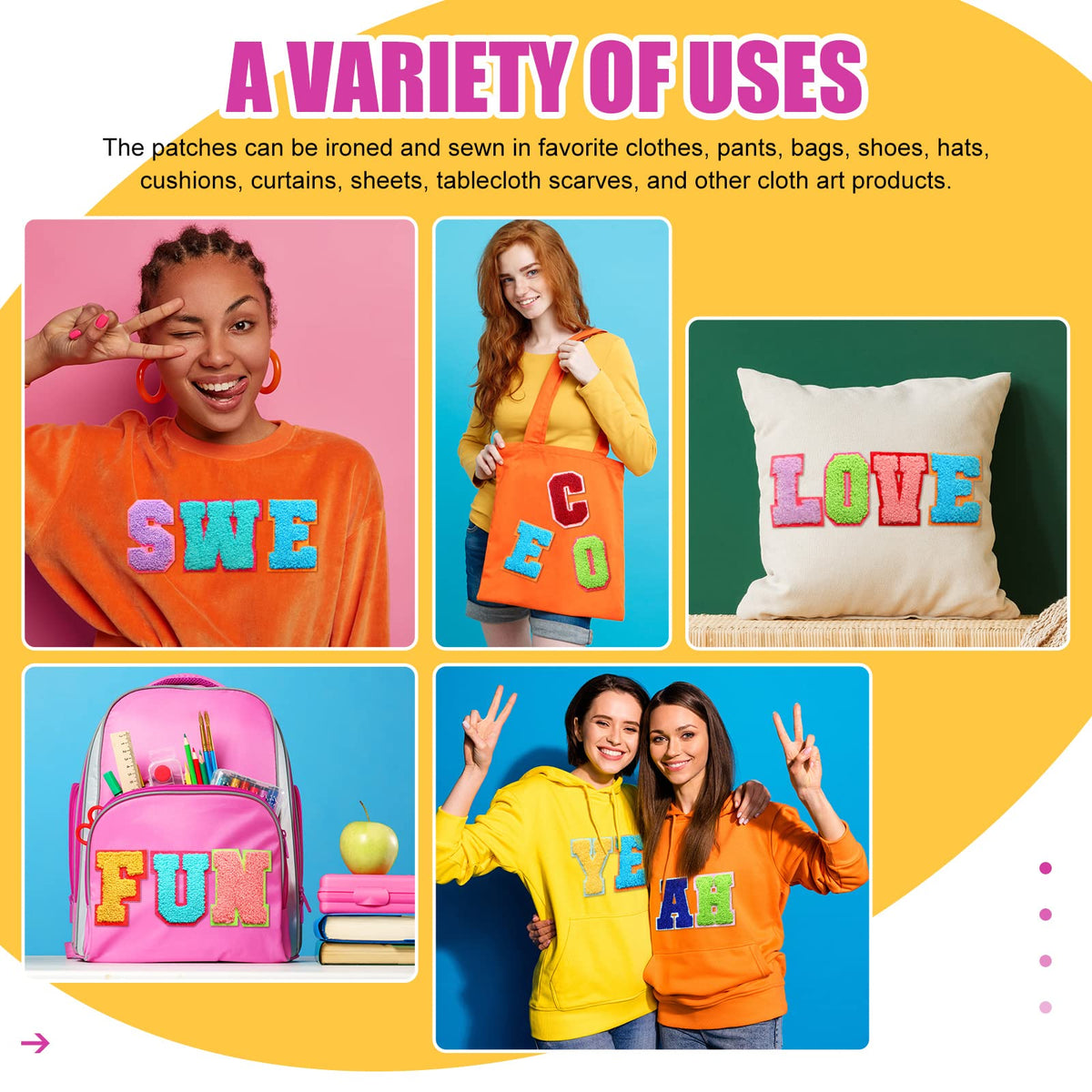Waydress 26 Pcs Preppy Chenille Letter Iron on Letters Patches 4.5 Inch Self Adhesive, Sew on Chenille A-Z Alphabet Letter Patches for Clothing DIY Supplies(Vivid Style)