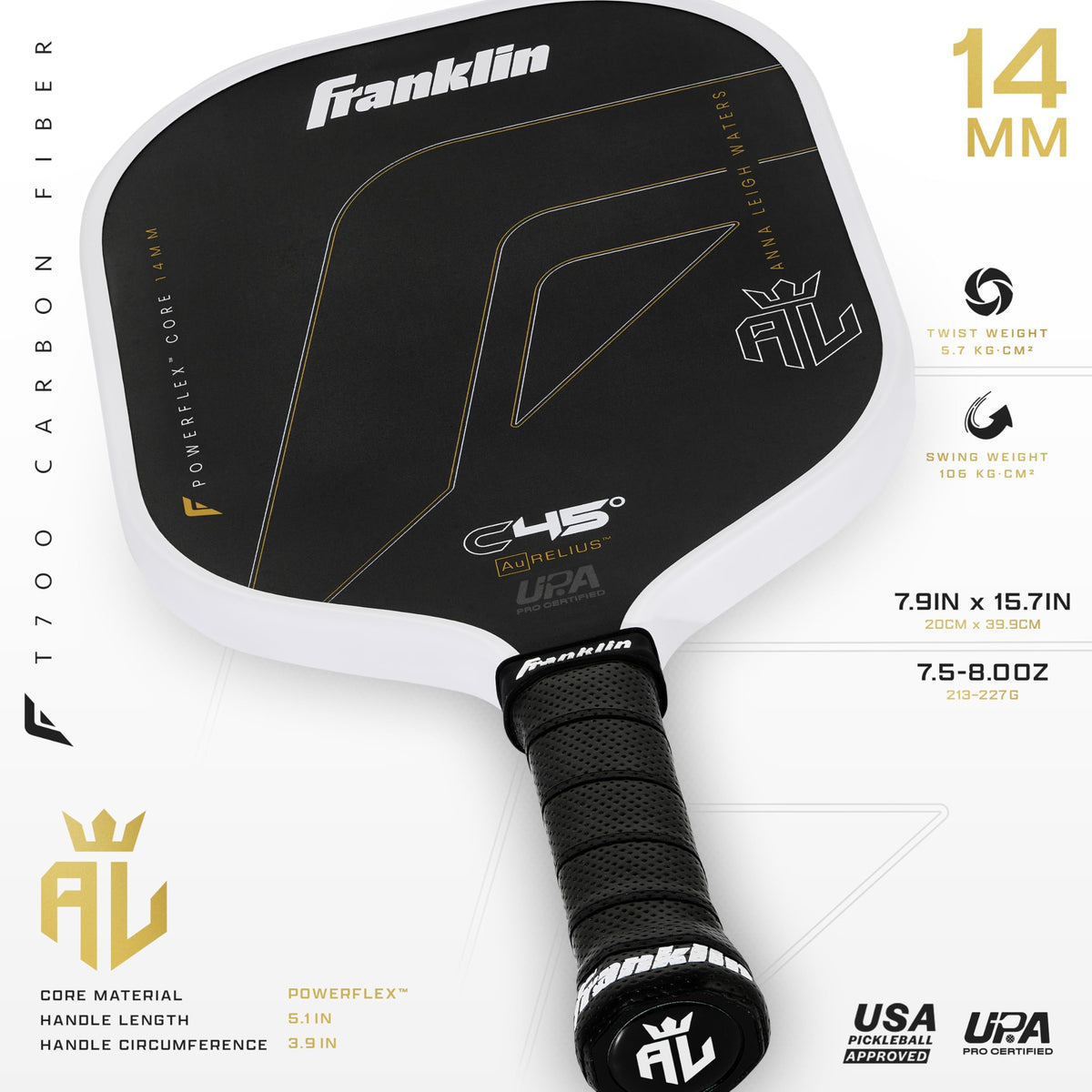 Franklin Sports PRO Pickleball Paddles – C45 Carbon Fiber Series - Official USAP + UPA Approved Pickleball Paddle - Aurelius 14mm Polymer Core - Official Shape of Anna Leigh Waters - Black/White