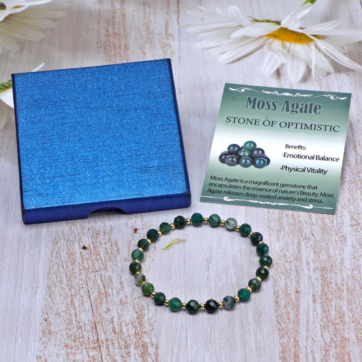 QOGIR Moss Agate - Stone of Optimistic - 14K Gold Plated Beads Natural Gemstone Stretch Elastic Dainty Healing Beaded Bracelets Gifts 6mm