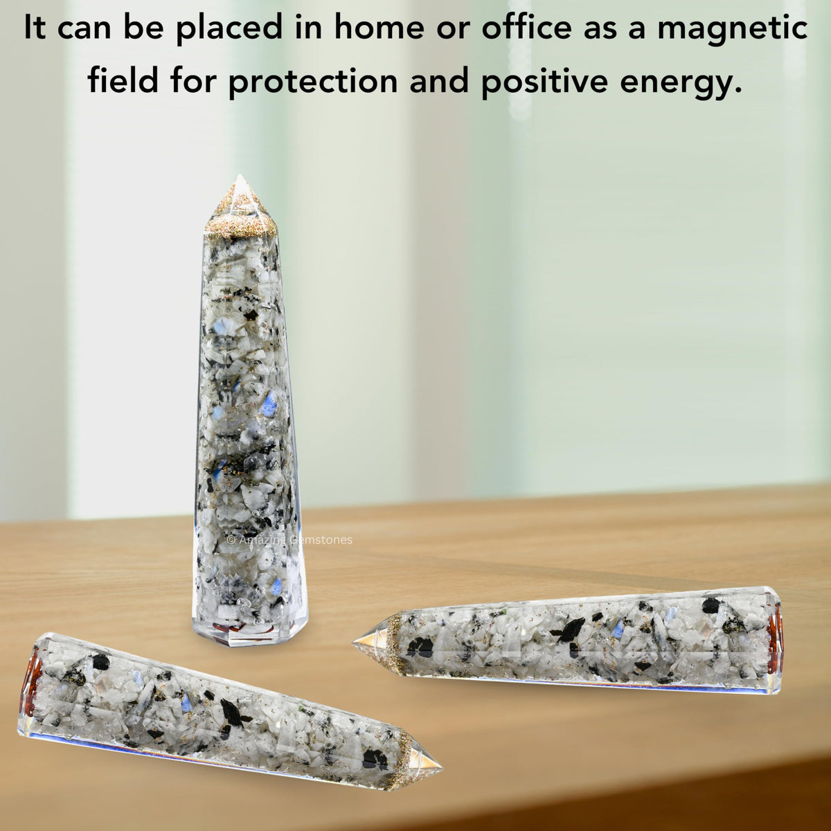 Amazing Gemstone Rainbow Moonstone Orgonite Orgone Crystal Towers - Large 4.5" Orgonite Crystal Wand Obelisk Tower Point for Meditation, Crystals and Healing Stones Gift and Protection
