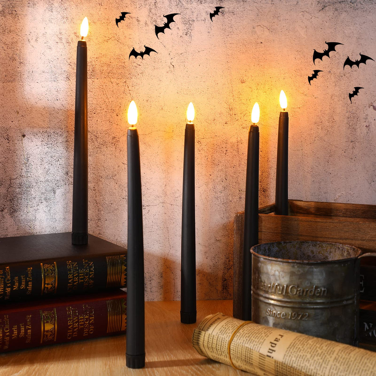 Macarrie 24 Packs Flameless Taper Candles Battery Operated Fake 11 Inch Long Candlelight LED Flameless Candlesticks Flickering Tapered for Summer Fall Wedding(Black)