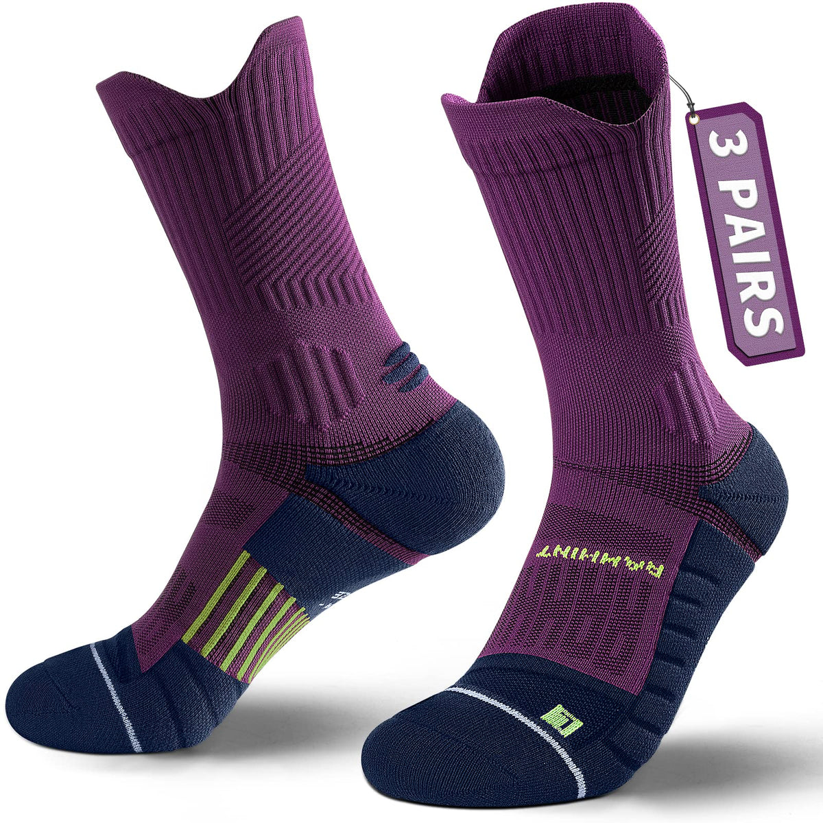 Rahhint Compression Running Socks 3 Pairs, Cushion Crew Socks, Anti-Blister Moisture Wicking Athletic Hiking Basketball Socks