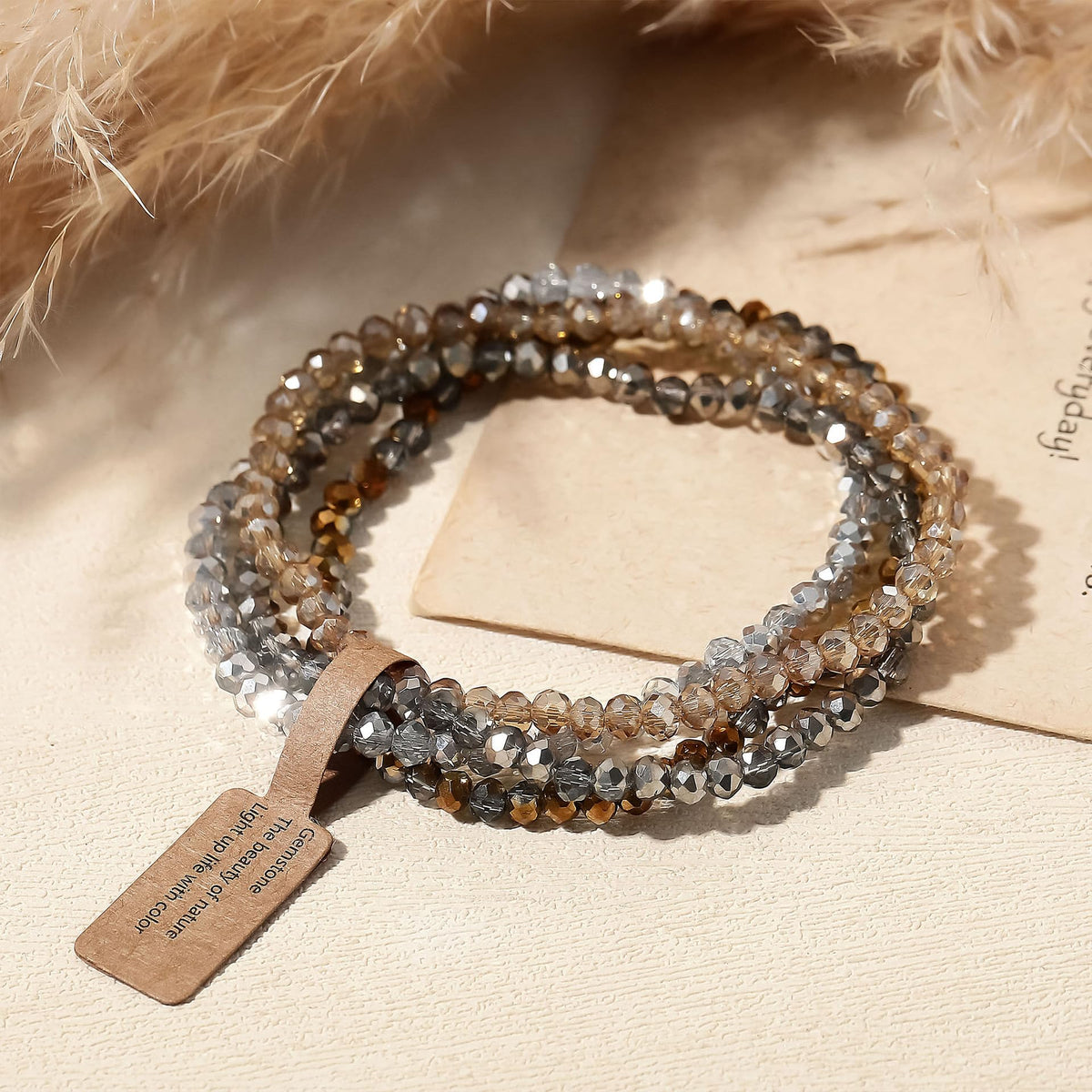 Lubrifico Boho Crystal Bracelet Set of 4pcs/set,4mm Beads Stackable Layering Stretch Bracelets for Women, Friendship Gifts（grey