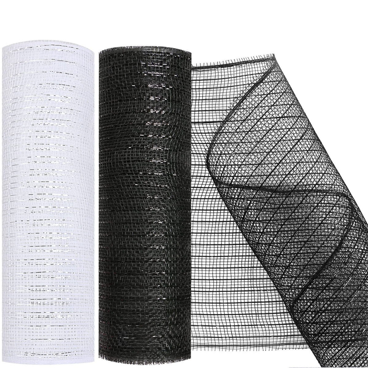 MIKIMIQI 2 Pack Deco Mesh 10 Inch x 30 Feet Decor Mesh Ribbon with Metallic Foil Deco Mesh Wreath Supplies Ribbon Mesh Roll for Spring Wreaths Craft Party, Not Wired (White Black)