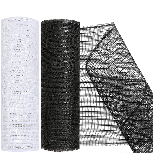 MIKIMIQI 2 Pack Deco Mesh 10 Inch x 30 Feet Decor Mesh Ribbon with Metallic Foil Deco Mesh Wreath Supplies Ribbon Mesh Roll for Spring Wreaths Craft Party, Not Wired (White Black)