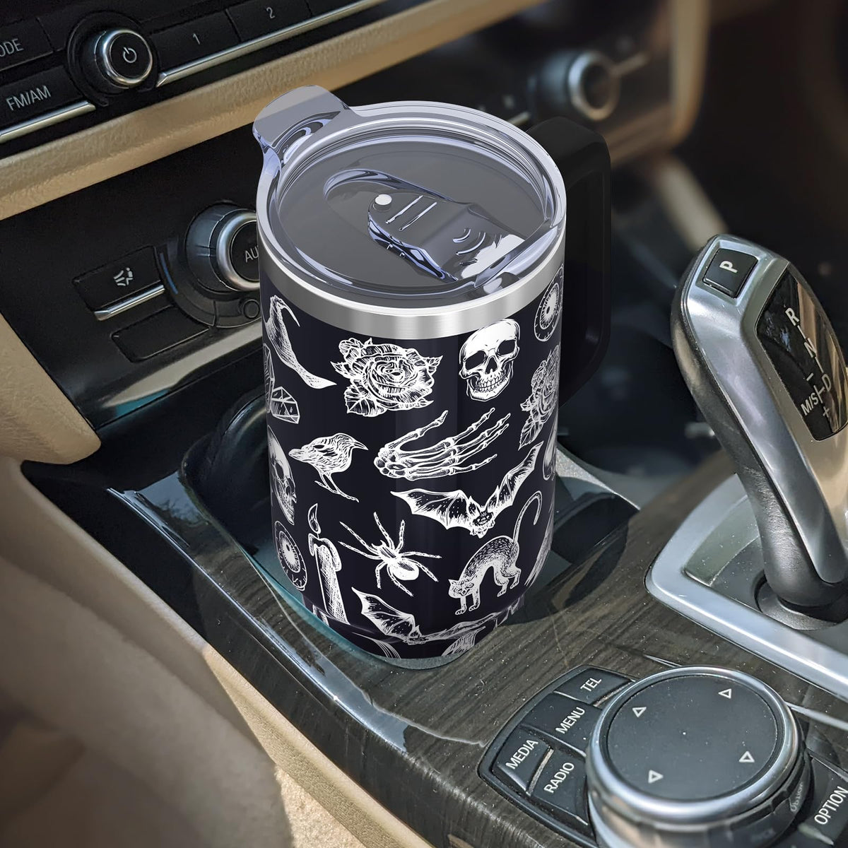 40oz Goth Tumbler With handle, Gothic Halloween Stainless Steel Leak Proof Travel Coffee Mug Cup Water Bottle Tumbler With Lid and Straw, Witchy Goth Gifts for Women Birthday Christmas Halloween