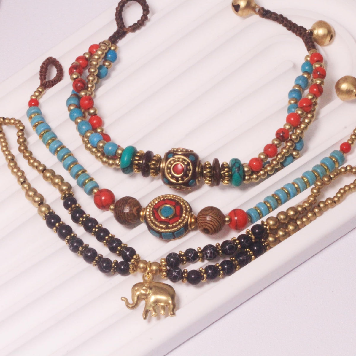 Petite Adjustable Boho Bracelet for Small Wrists - Handmade Nepalese Buddhist Prayer Bracelet with Elephant Charm, Brass Bell, Turquoise Stone & Tibetan Mantra Beads, Spiritual Gift (Black, 3Pcs)