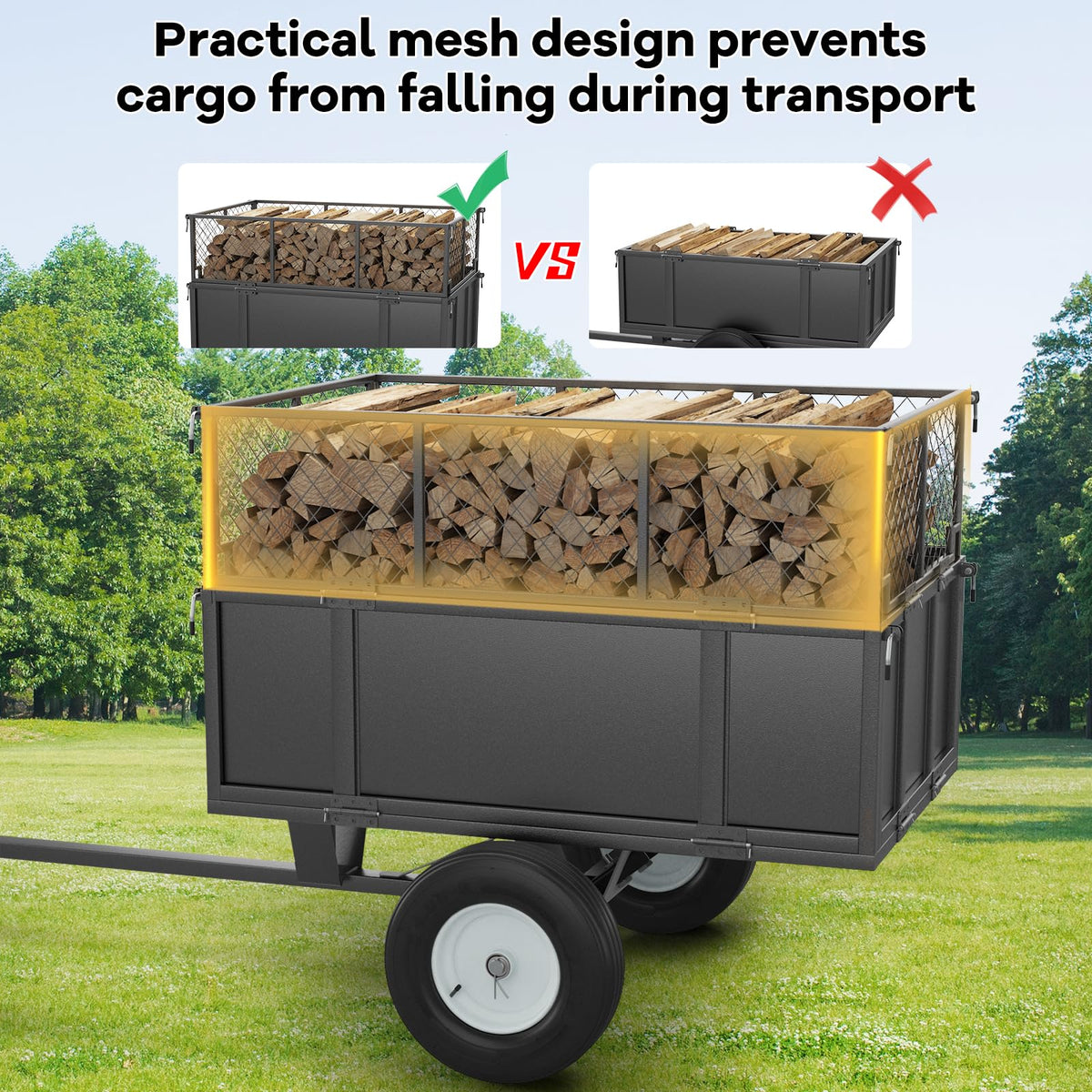 17 Cu.ft Heavy-Duty Steel Dump Trailer Cart, 750 Lb Capacity Tow-Behind Utility Trailer with Removable Mesh Sides & Pneumatic Tires for ATV, UTV, Lawn Tractor, Yard & Farm Hauling, Black