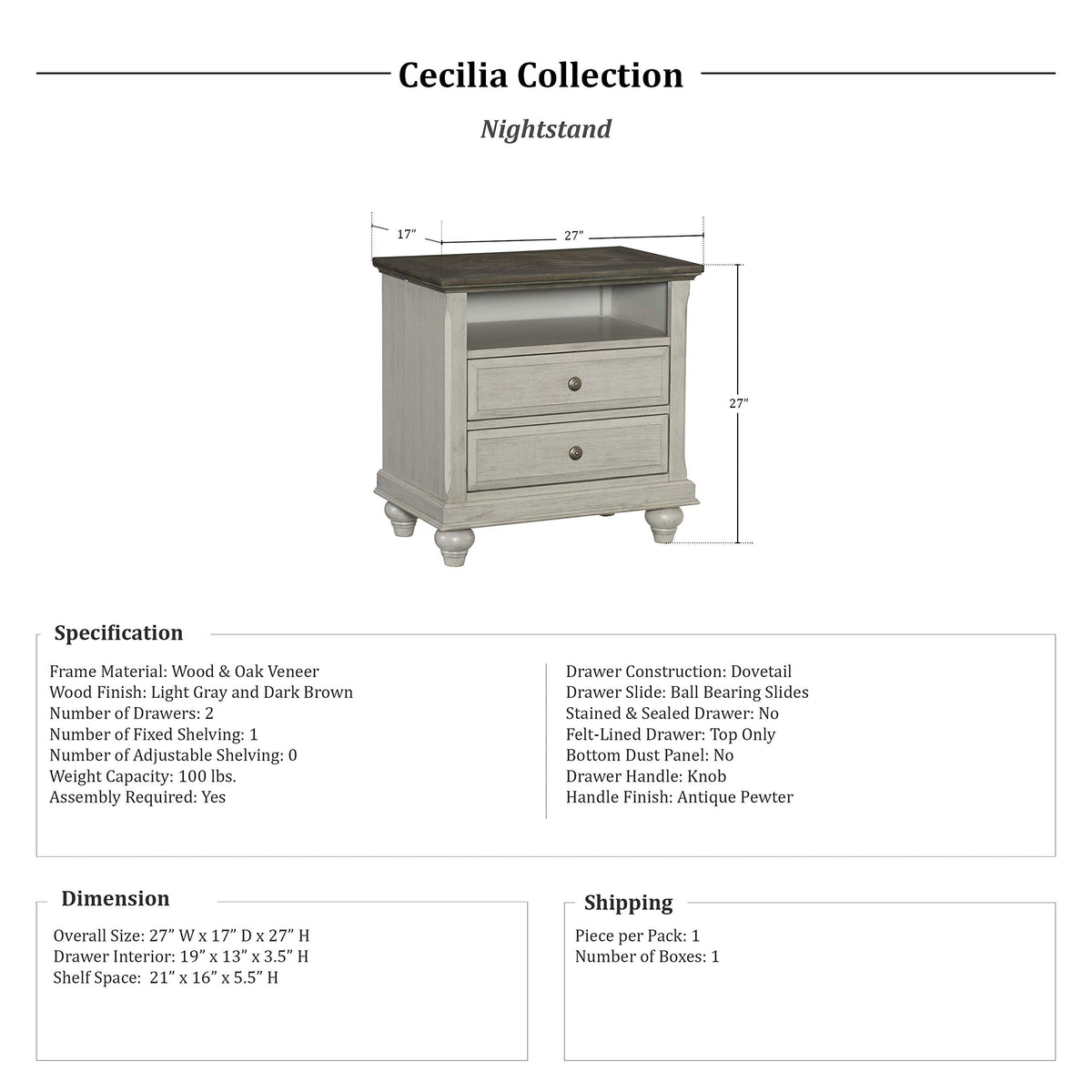 Lexicon Cecilia Nightstand, Gray
